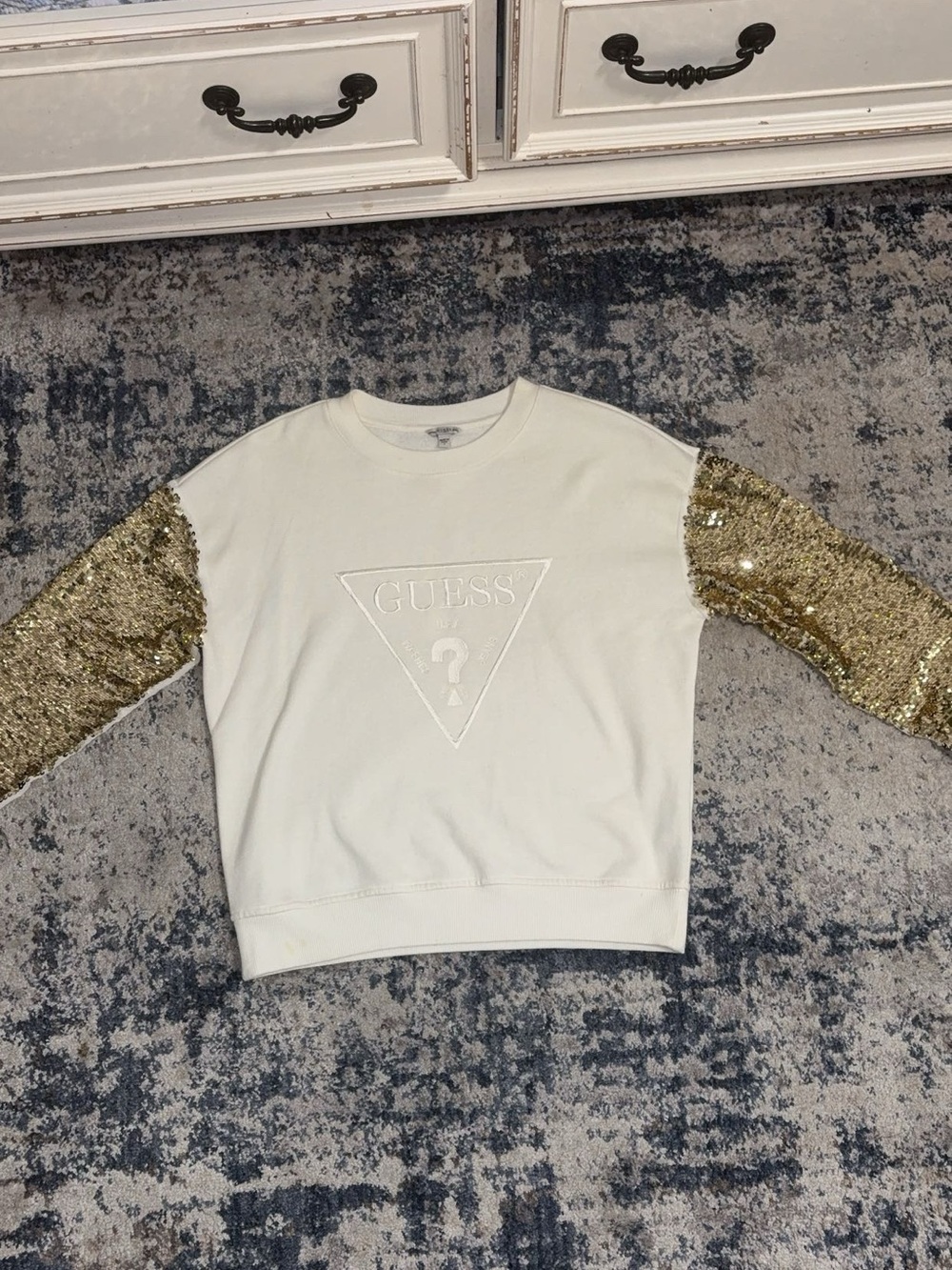 Guess Cream Pullover with Gold Sequin Sleeves